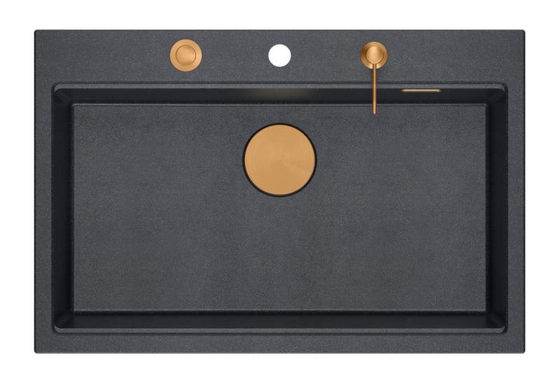 Quadri Hard Rock antraciet granieten opbouw grote spoelbak 76x50cm inclusief koperen plug en accessoires 1208967445Traducere în română:Chiuvetă de bucătărie Quadri Hard Rock antracit din