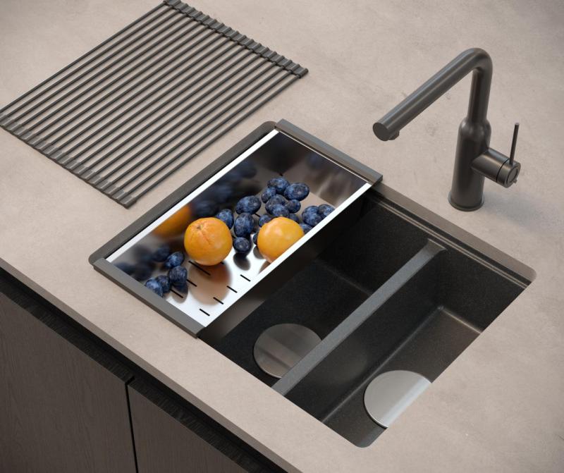 Quadri Newport II antracit, chiuvetă dublă 1,5 din granit, montare pe blat și sub blat, dimensiuni 555x460mm, cu dop din inox 1208967472.