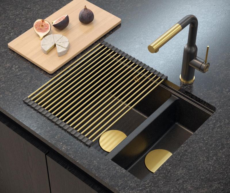 Quadri Newport II antracit 1,5 chiuvetă de granit montare pe blat și sub blat 555x460mm cu dop auriu 1208967473