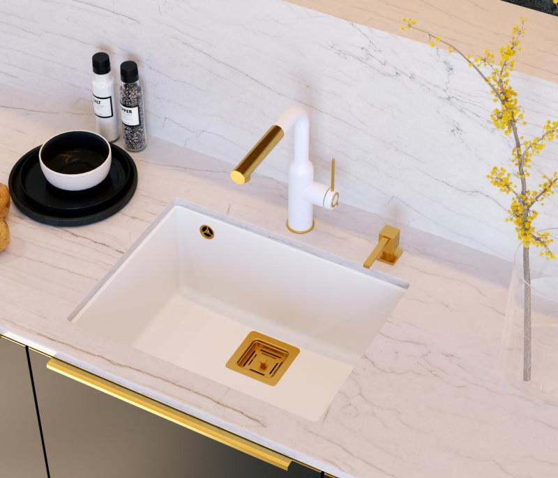 Quadri Quadrangle chiuvetă submontată din granit alb 55x42cm cu dop de cupru 1208967478