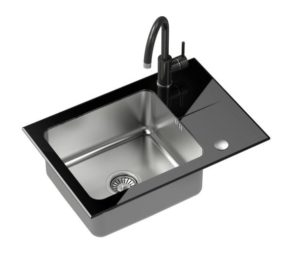 Quadri Glazz Set cu robinet de bucătărie și chiuvetă din inox cu scurgător de sticlă neagră 64x44cm reversibil 1208967493