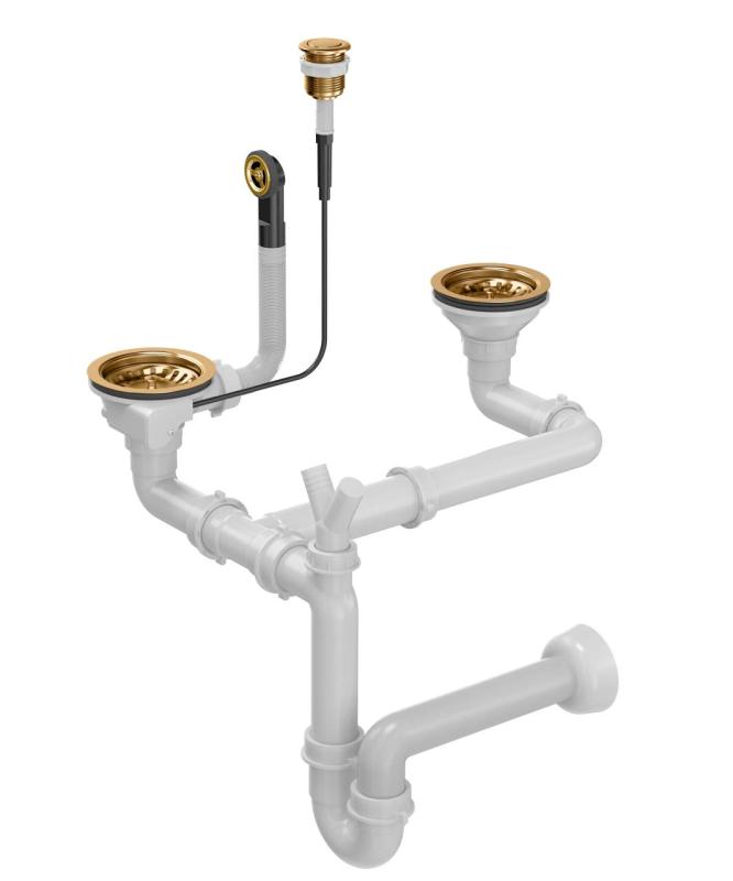 Quadri chiuvetă dublă din cupru cu set de scurgere și preaplin cu buton de deschidere prin apăsare cupru 1208967546