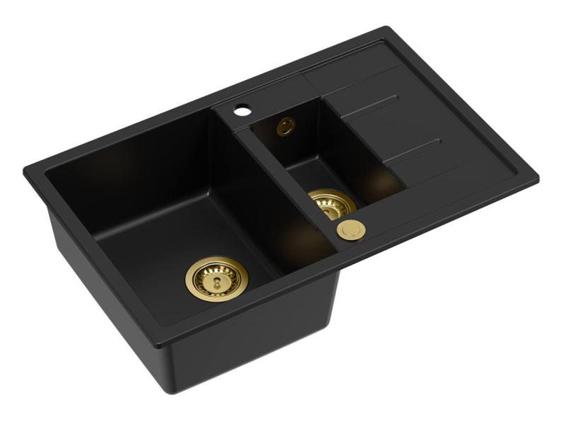 Quadri Brenton chiuvetă de granit negru 1,5 cuvă cu scurgător 78x50cm cu dop auriu 1208967554
