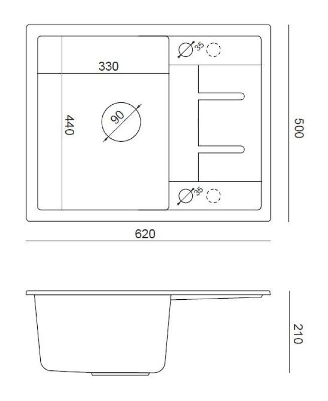 Quadri Dalton granit antracit chiuvetă de montaj cu suprafață de scurgere 62x50cm cu dop din inox 1208967570