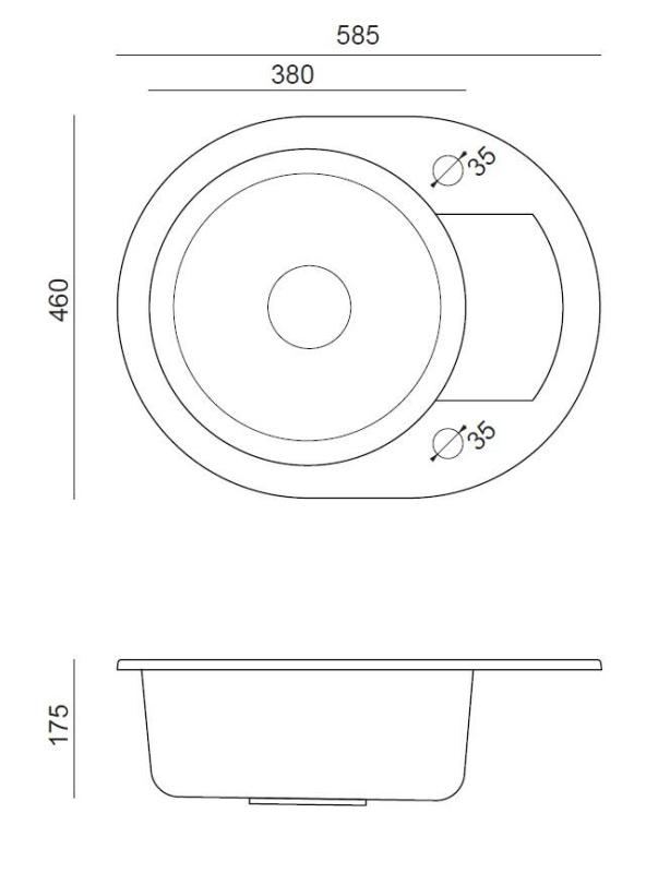 Quadri Londra Antracit Chiuvetă Rotundă din Granit cu Zonă de Scurgere 585x460mm Reversibilă - 1208967585