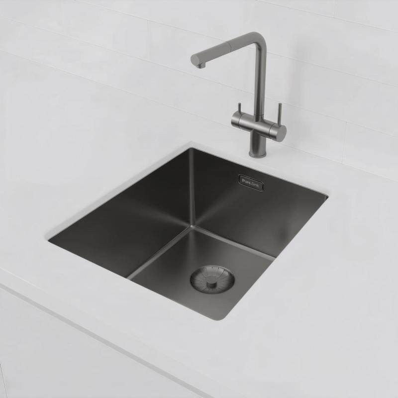 Pure.Sink Prestige chiuvetă PVD Gun Metal 34x40 cm rază de 10 mm montare sub blat, la același nivel cu blatul și deasupra blatului PPG3440-61