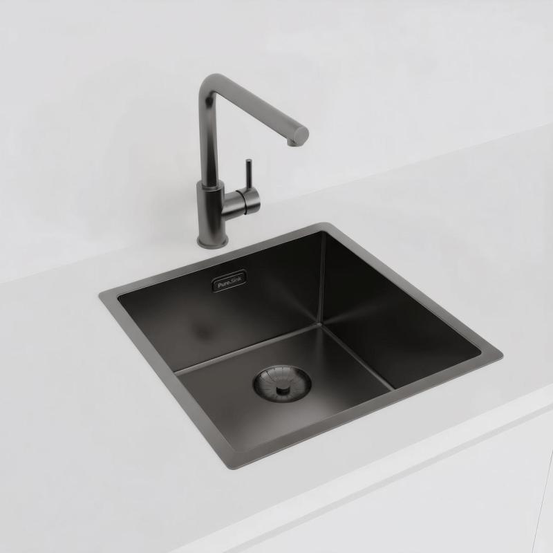 Chiuvetă Pure.Sink Prestige 40x40 cm PVD Gun Metal cu rază de 10 mm, montaj sub blat, la același nivel cu blatul și deasupra blatului PPG4040-61.