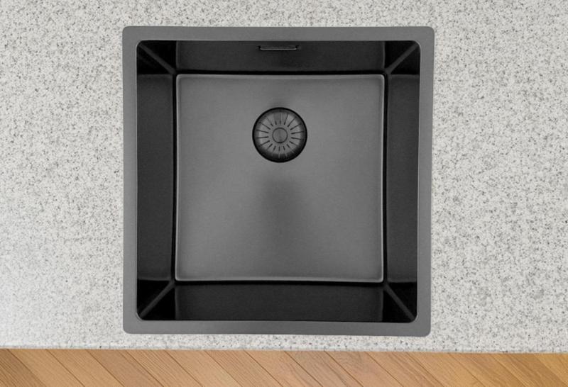 Chiuvetă Pure.Sink Prestige 40x40 cm PVD Gun Metal cu rază de 10 mm, montaj sub blat, la același nivel cu blatul și deasupra blatului PPG4040-61.