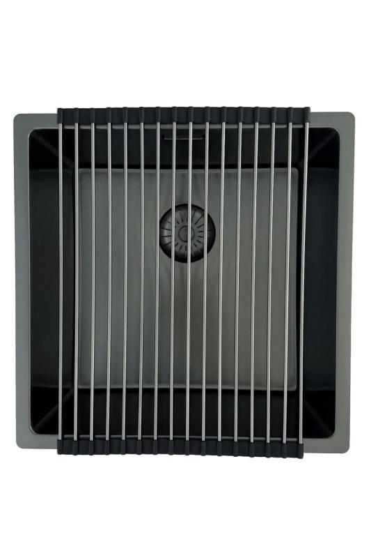 Chiuvetă Pure.Sink Prestige 40x40 cm PVD Gun Metal cu rază de 10 mm, montaj sub blat, la același nivel cu blatul și deasupra blatului PPG4040-61.