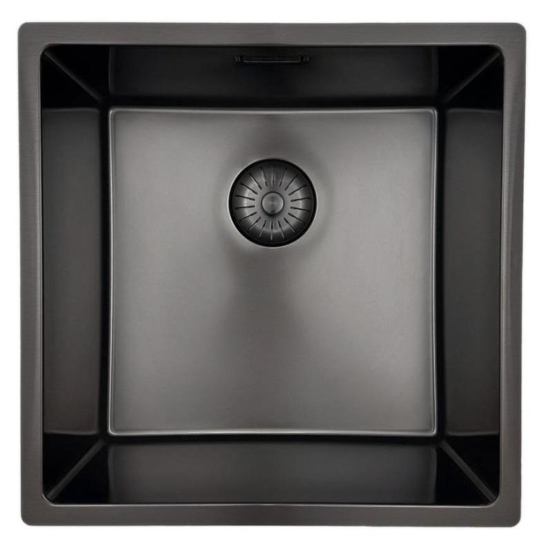 Chiuvetă Pure.Sink Prestige 40x40 cm PVD Gun Metal cu rază de 10 mm, montaj sub blat, la același nivel cu blatul și deasupra blatului PPG4040-61.