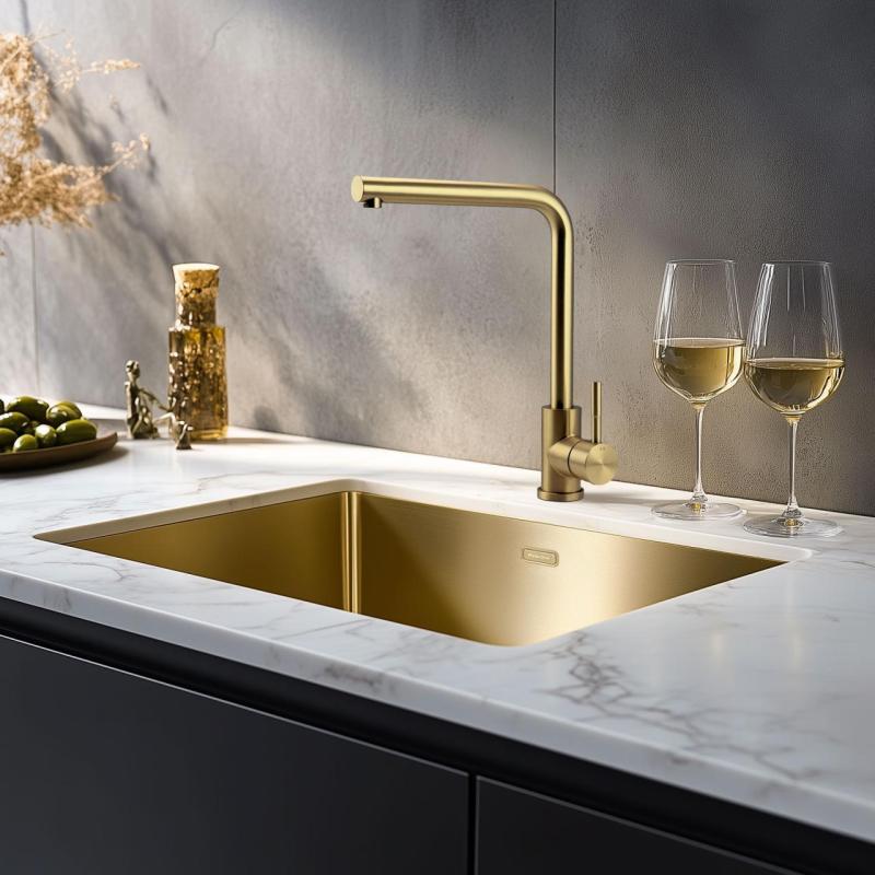 Pure.Sink Prestige chiuvetă 50x40 cm PVD Aur rază de 10 mm montare sub blat, la nivel și deasupra blatului PPG5040-60.