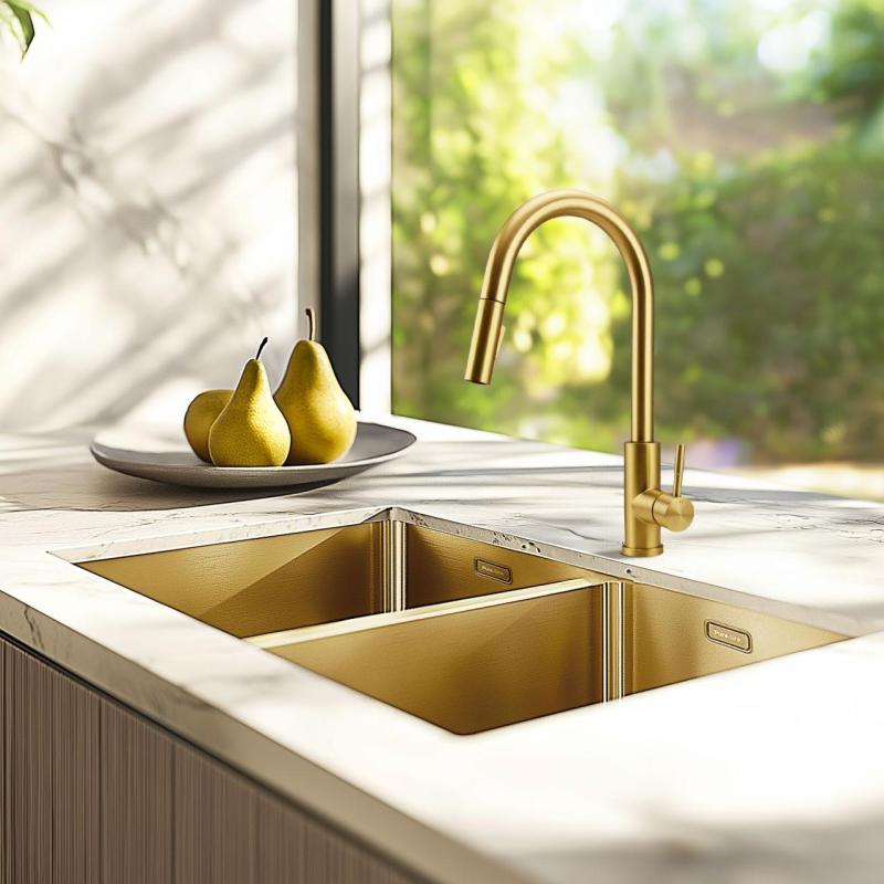 Robinet de bucătărie Pure.Sink Elite Steel Stream-S PVD, aur periat, cu duză extensibilă PS8045-60