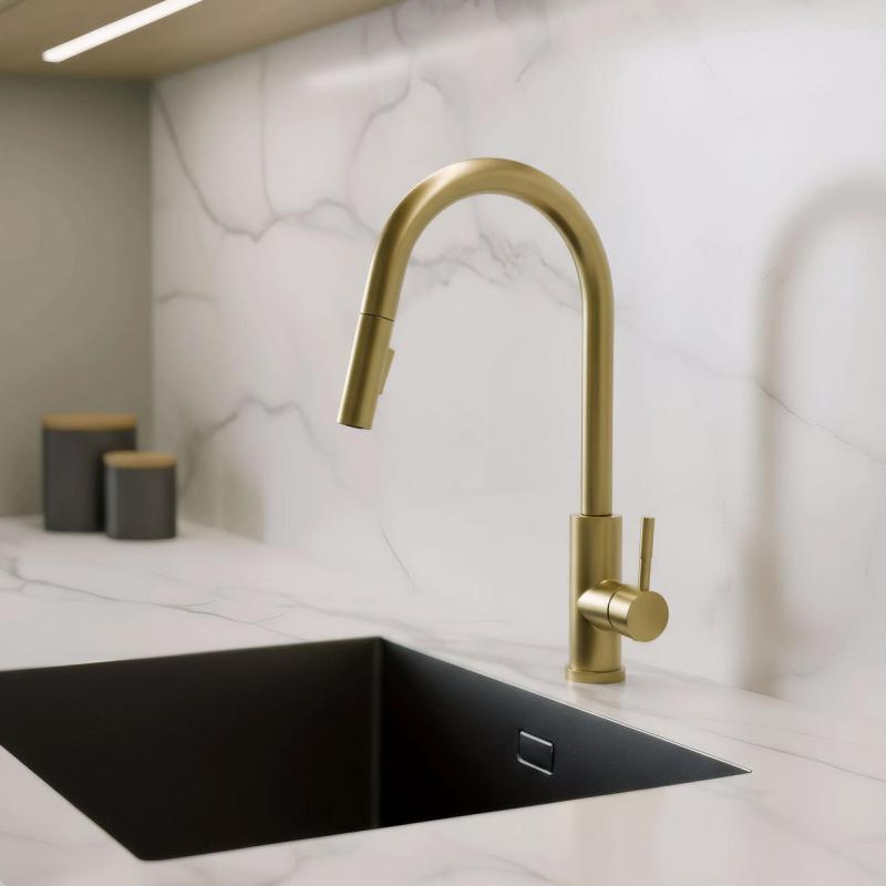 Robinet de bucătărie Pure.Sink Elite Steel Stream-S PVD, aur periat, cu duză extensibilă PS8045-60