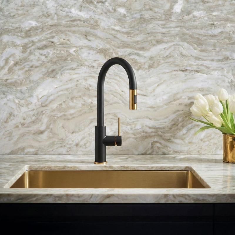 Quadri Retford Robinet de Bucătărie Negru cu Finisaj Auriu și Duză Detasabilă cu Mod de Pulverizare 1208967677