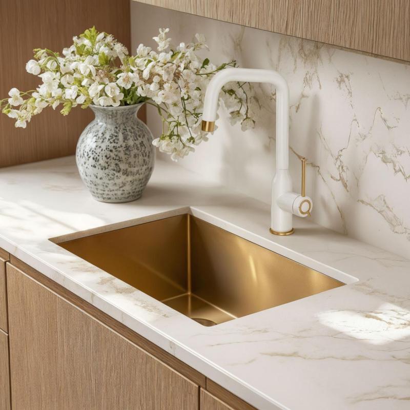 Quadri Stamford Keukenkraan Wit met PVD Gouden Afwerking met Draaibare Haakse Uitloop 1208967697