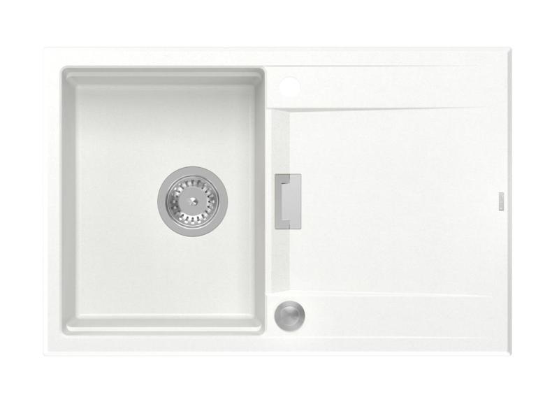 Quadri Minton Chiuvetă de Granit de suprafață Albă 76x50cm cu Scurgător Reversibil și Dop din Inox - 1208967747