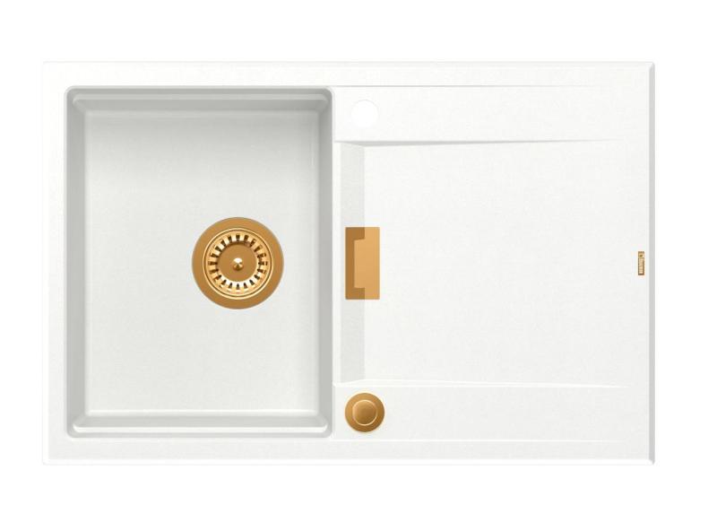 Quadri Minton Chiuvetă de Granit Albă de Suprafață 76x50cm cu Scurgere Reversibilă și Dop de Cupru - 1208967749