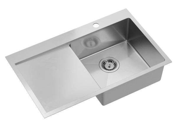 Aquadesign Clara Chiuvetă din Inox cu Bol pe Partea Dreaptă 78x48cm Montaj pe Blat sau în Nivel cu Blatul, cu Scurgător, Suport pentru Robinete și Dop din Inox - 1208967754