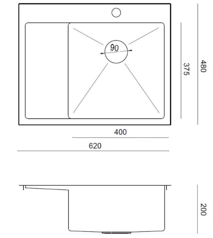 Aquadesign Clara Chiuvetă din Oțel Inoxidabil cu Bol pe partea Dreaptă 62x48cm Instalare pe Blat sau la Nivel cu Blatul cu Suport de Uscare, Banc de Montare pentru Robinet și Dop din Oțel Ino