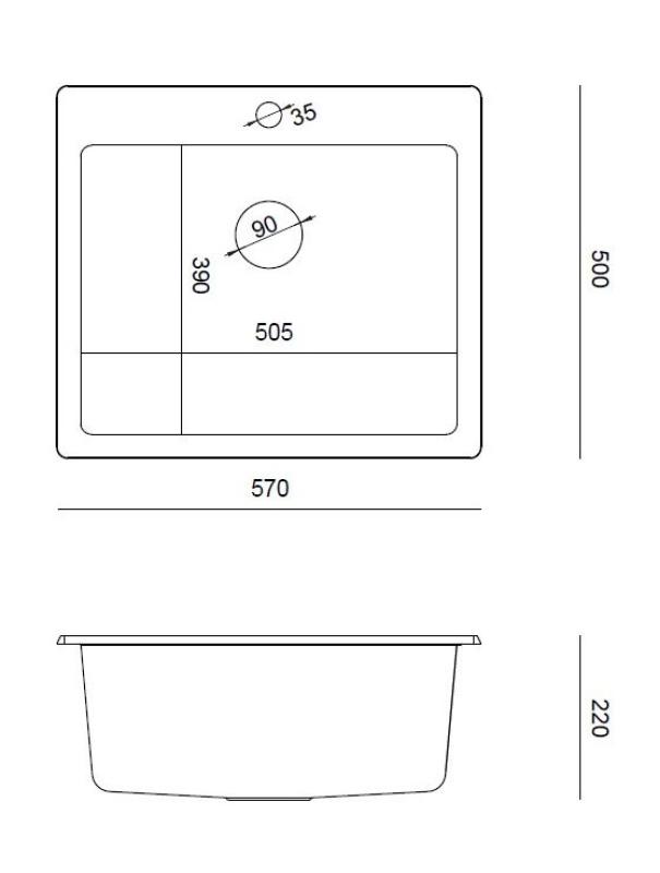 Quadri Sheffield Antracit Chiuvetă Granit Montaj deasupra blatului sau montaj la nivel 57x50 cm cu Bancă pentru Robinet și Dop Auriu - 1208967813