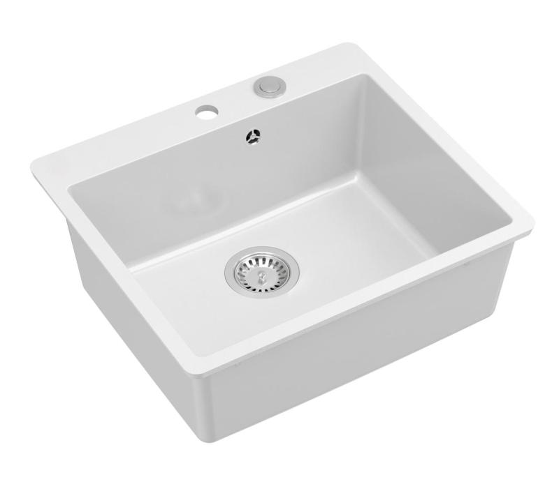Quadri Sheffield chiuvetă de granit alb montaj pe blat sau încastrat 57x50 cm cu banc de robinet și dop din inox - 1208967815