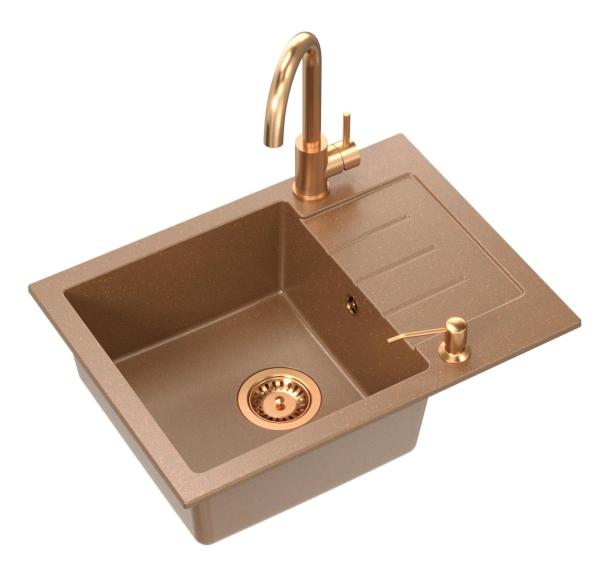 Set Quadri Kendal cu robinet de bucătărie, dispenser de lichid și chiuvetă din granit de culoare cupru 60x44 cm cu scurgător și dop de cupru și preaplin - 1208967840