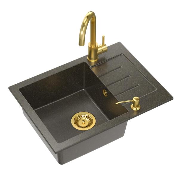 Quadri Kendal Set cu Baterie de Bucătărie, Dispenser de Lichide și Chiuvetă din Granit Antracit Auriu 60x44 cm cu Scurgător și Dop și Preaplin Aurii - 1208967843