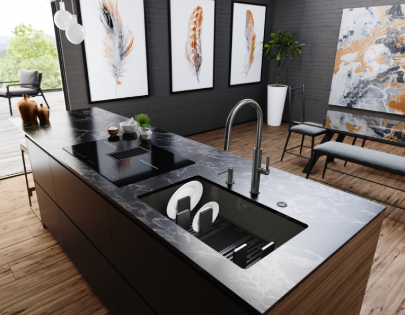 Franke Mythos Masterpiece Baterie de bucătărie Antracit cu gura de scurgere în formă de J și duș extractibil - 115.0711.555