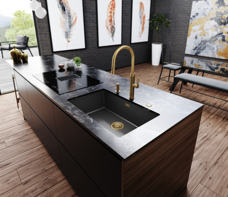 Franke Mythos Masterpiece Robinet de Bucătărie Auriu cu Gura de Scurgere în Formă de J și Duș Extractibil - 115.0711.558