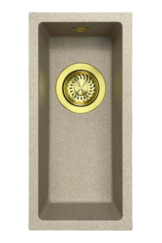 GraniteMy Universele granieten beige zand kleine spoelbak 17x40 cm opbouw, onderbouw en vlakbouw met gouden plug 1208968003