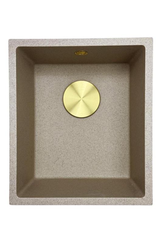 GraniteMy Universele granieten beige zand spoelbak 34x40 cm opbouw onderbouw en vlakbouw met gouden plug 1208968008
