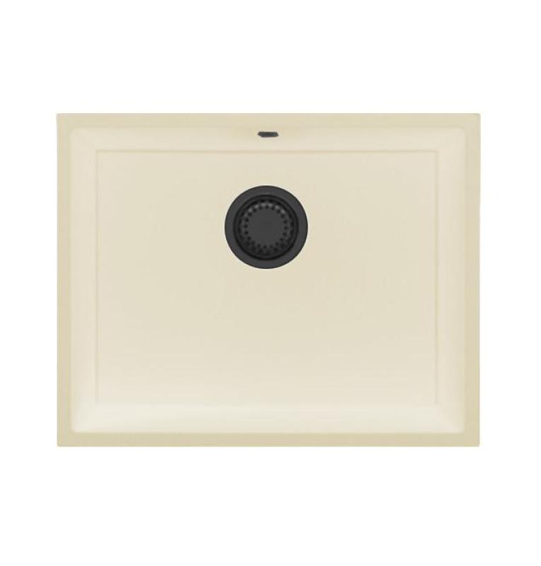 GraniteMy Universal chiuvetă din granit bej nisipiu 55x40 cm, montare pe blat, sub blat și încastrată, cu dop din metal gri 1208968016