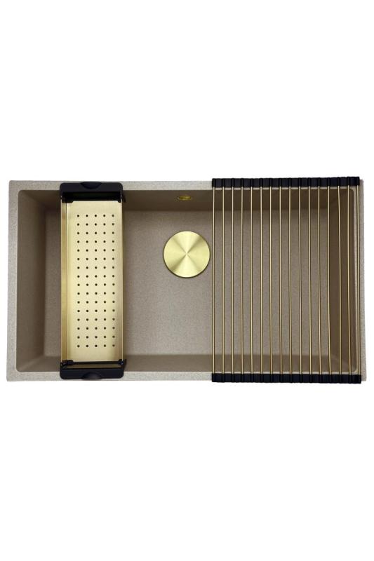 GraniteMy Universele granieten beige zand spoelbak 74x40 cm opbouw, onderbouw en vlakbouw met gouden plug 1208968018