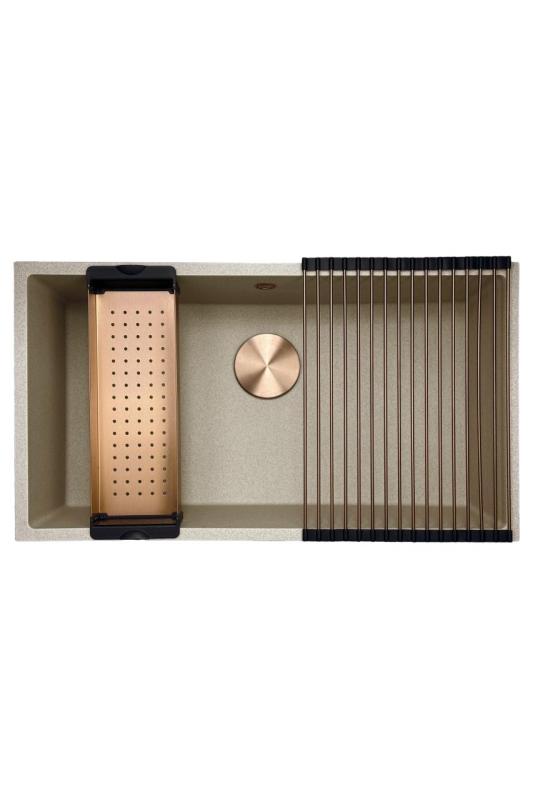 GraniteMy Universal chiuvetă din granit bej nisipiu 74x40 cm, montare pe blat, sub blat și încastrată, cu dop din cupru 1208968019