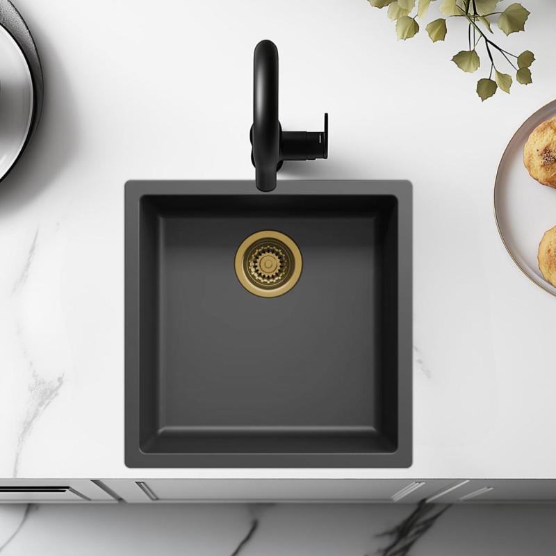 Chiuvetă neagră 40x40cm pentru montare sub blat, pe blat și la nivel cu blatul, cu dop auriu 1208968034