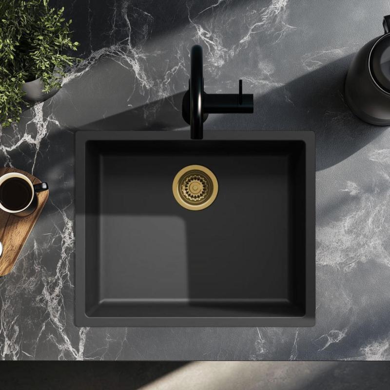 Chiuvetă neagră 50x40cm submontată, montată pe blat și montată la același nivel, cu dop auriu 1208968037.