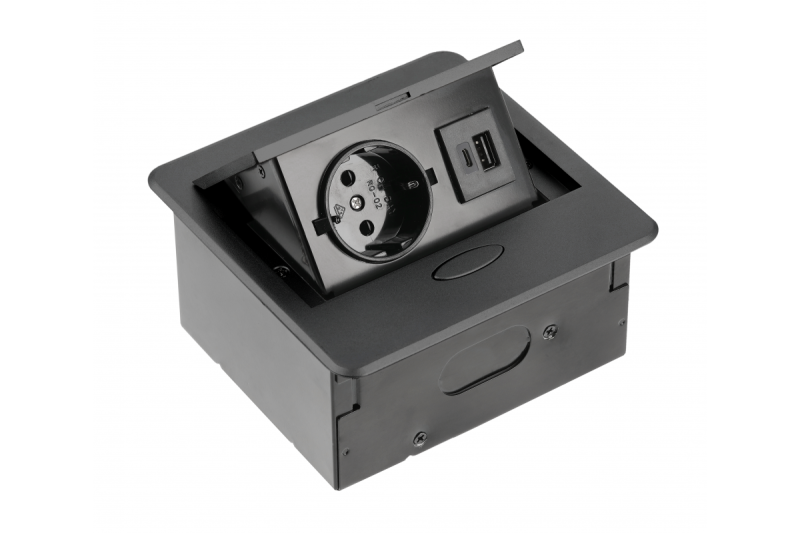 Priza incorporată pentru mobilier AVARO, 1x priza Schuko, USB A+C, cablu de 1.5m, negru