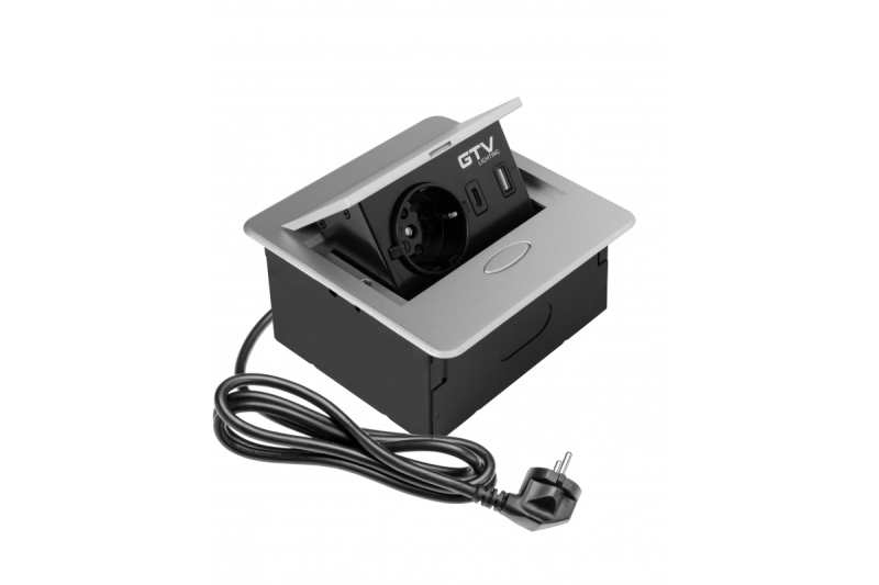 Priza de mobilier încorporată AVARO, 1x Priza Schuko, USB A+C, Cablu de 1.5m, Argintiu