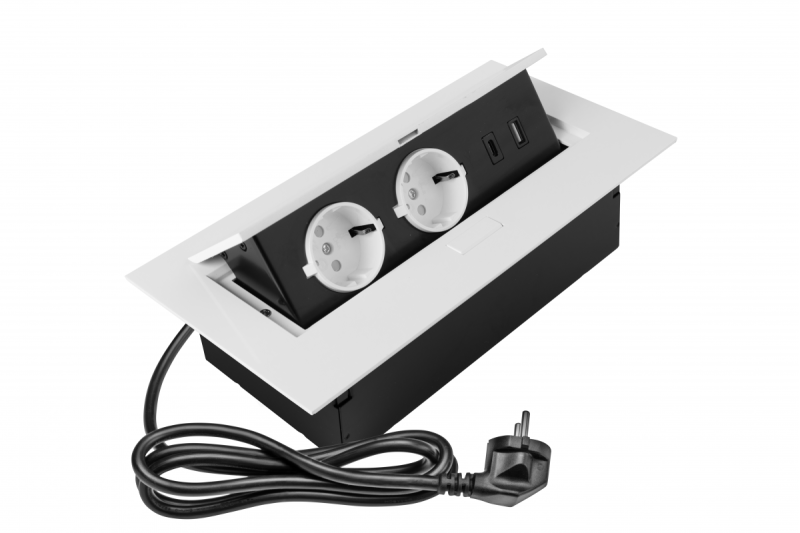 Priză de mobilă 2x priză cu împământare, USB A+C, cablu de alimentare cu mufă, alb