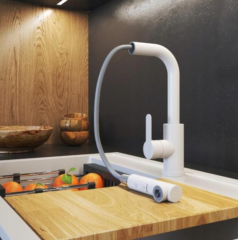 Graniteland Celeste Robinet de bucătărie alb cu gura de scurgere extensibilă și duș de mână cu funcție dublă 1208969526