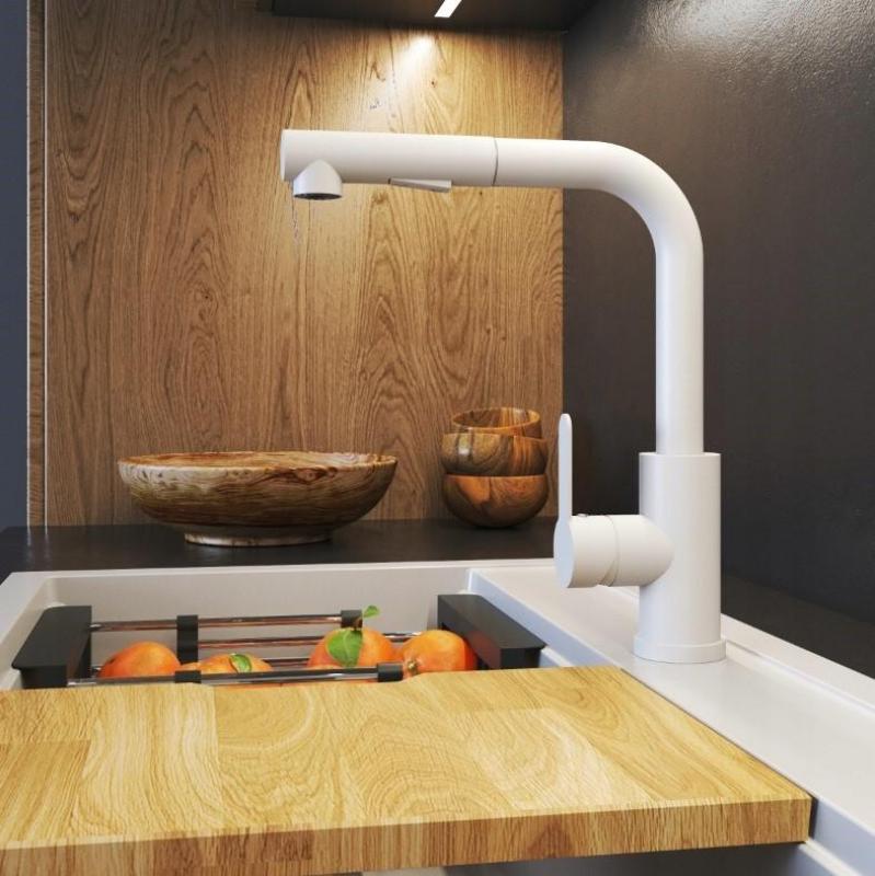 Graniteland Celeste Robinet de bucătărie alb cu gura de scurgere extensibilă și duș de mână cu funcție dublă 1208969526