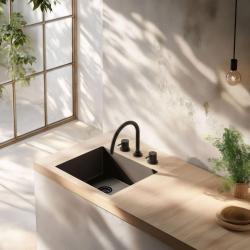 Waterevolution Flow 3-găuri baterie de bucătărie cu gură de scurgere rotativă și conexiune pentru apă filtrată negru T152UPR