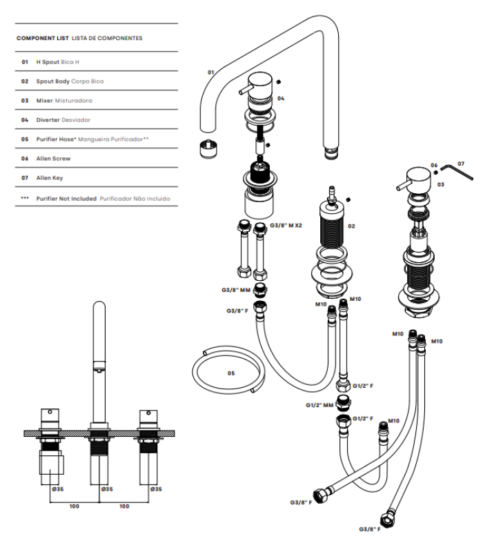 Waterevolution Flow 3-găuri robinet de bucătărie unghiular cu gura de scurgere pivotantă și conexiune pentru apă filtrată crom T152H01