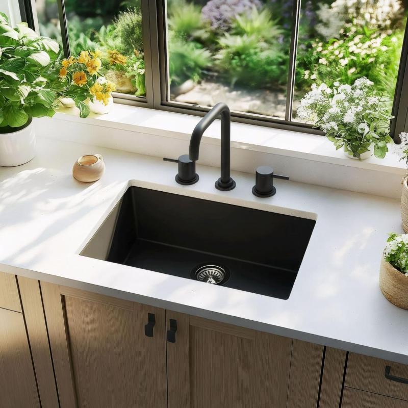 Waterevolution Flow 3-orificii robinet de bucătărie unghiular cu gură de scurgere rotativă și conexiune pentru apă filtrată negru T152HPR