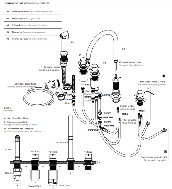 Waterevolution Flow 5-gaats keukenmengkraan met uittrekbare sproeier en aansluiting voor gefilterd water light gold T154UWGE