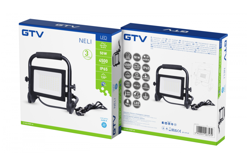 NELI Proiector portabil, LED, 50W, 4500lm, 6400K, AC220-240V, IP65, cablu de 1,5m