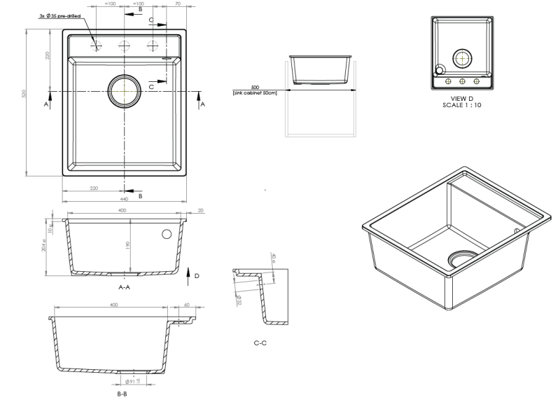 GraniteMy Bremen Chiuvetă din Granit 44x52 cm Negru – Montare pe Blat, Sub Blat și la Nivel cu Blatul cu Banc de Robinet și Dop din Inox 1208969991