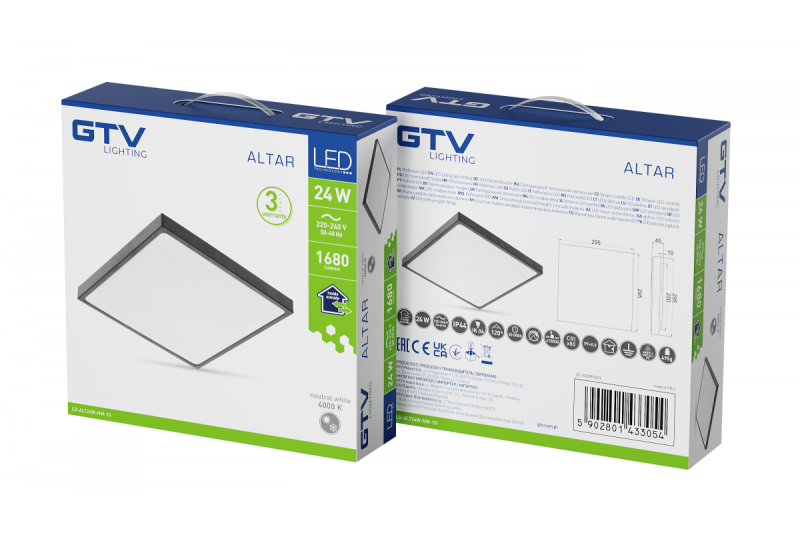 Lampă de tavan ALTAR LED, 295x295mm, 4000K, 24W, 1680lm, AC180-250V, 50/60 Hz, PF>0.5, IP54, negru, garantie 3 ani.
