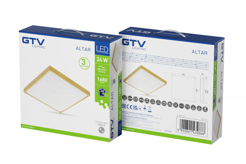 Lampa de tavan ALTAR LED, 295x295mm, 4000K, 24W, 1680lm, AC180-250V, 50/60 Hz, PF>0.5, IP44, de culoare aurie, garantie de 3 ani.