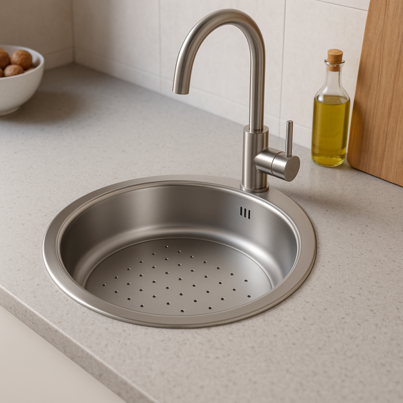 Banka P18380 Chiuvetă rotundă din oțel inoxidabil, cu adâncime redusă, cu coș de scurgere de 45 cm, pentru montare pe blat sau sub blat 1208970057